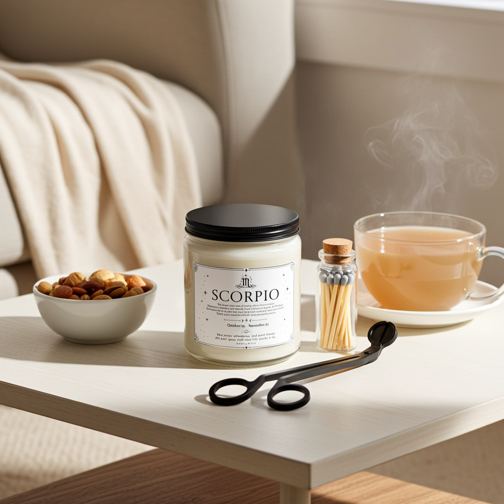 Candle labeled 'Scorpio' on a table with a cup of tea, bowl of nuts, and other items.