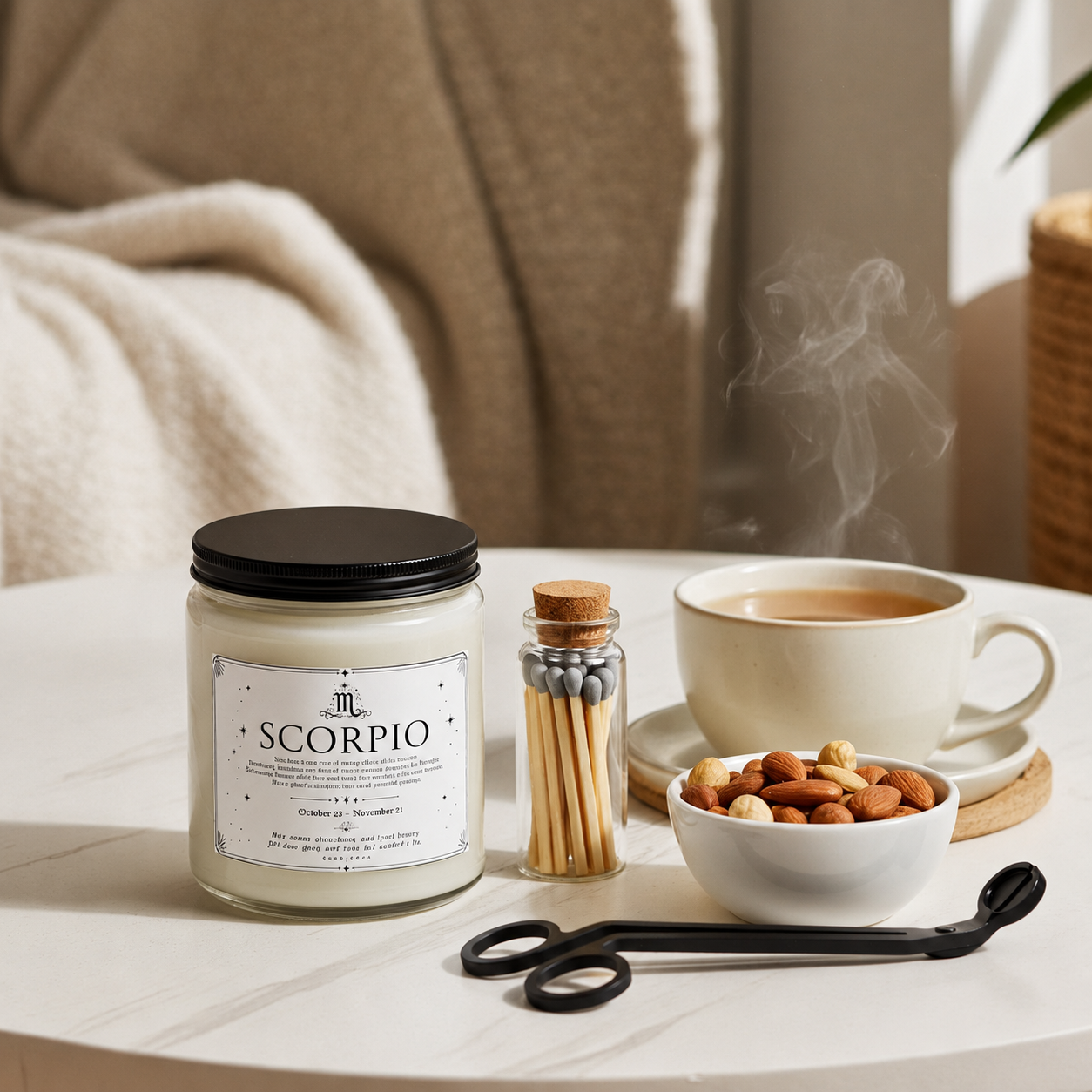 Candle labeled 'Scorpio' on a table with a cup of coffee, bowl of nuts, and matches.