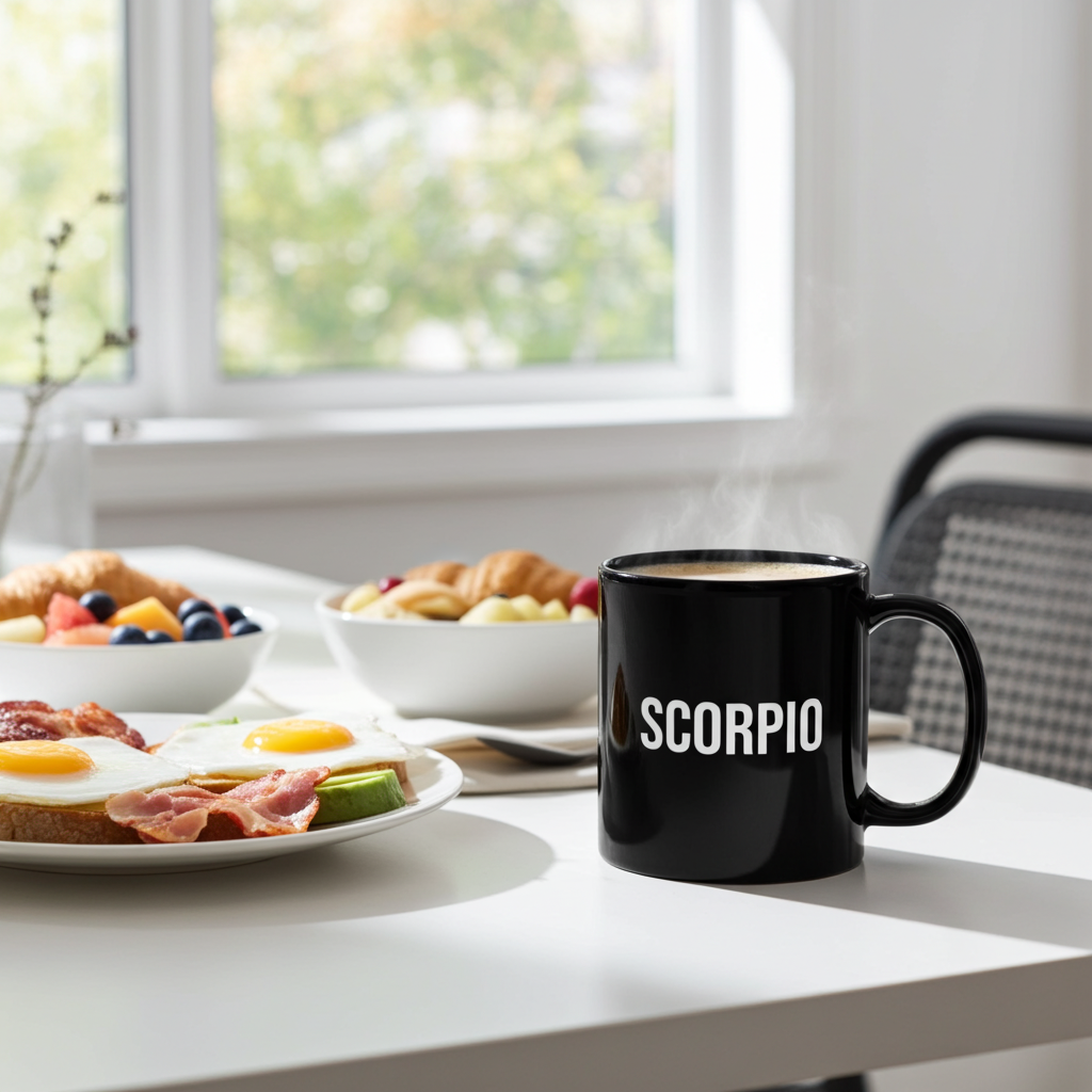 A black ceramic coffee mug with the word 'SCORPIO' printed in white capital letters, sitting on a white table in a bright kitchen or dining area with breakfast dishes blurred in the background.