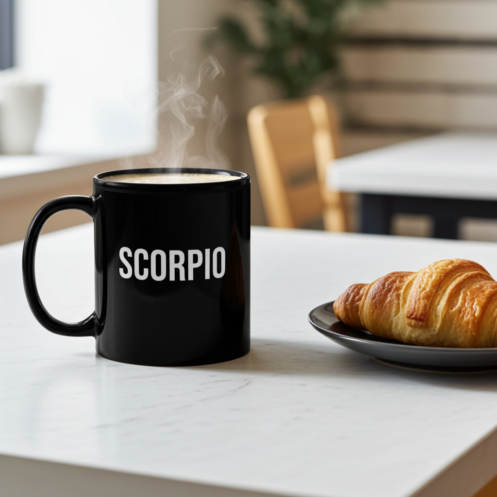 Black mug with 'SCORPIO' on a marble surface with a croissant.