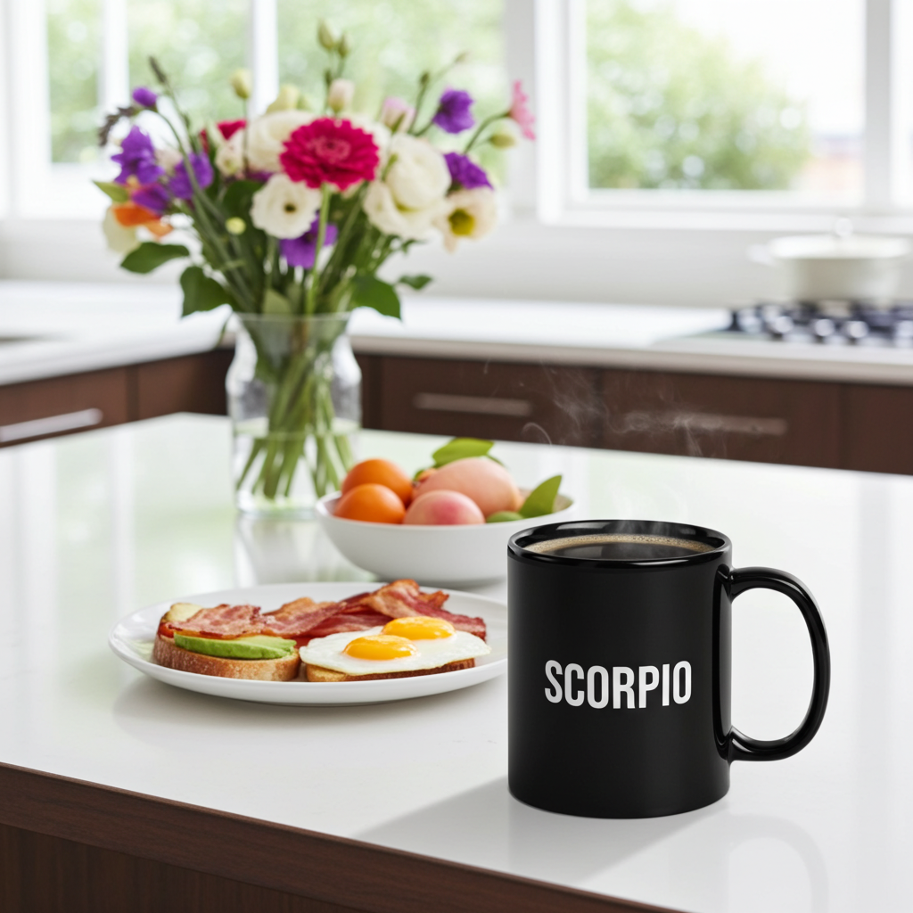A black ceramic mug with the word 'SCORPIO' printed in white capital letters sits on a kitchen counter next to a plate of bacon and avocado toast, with a bowl of fruit and a vase of flowers in the background.