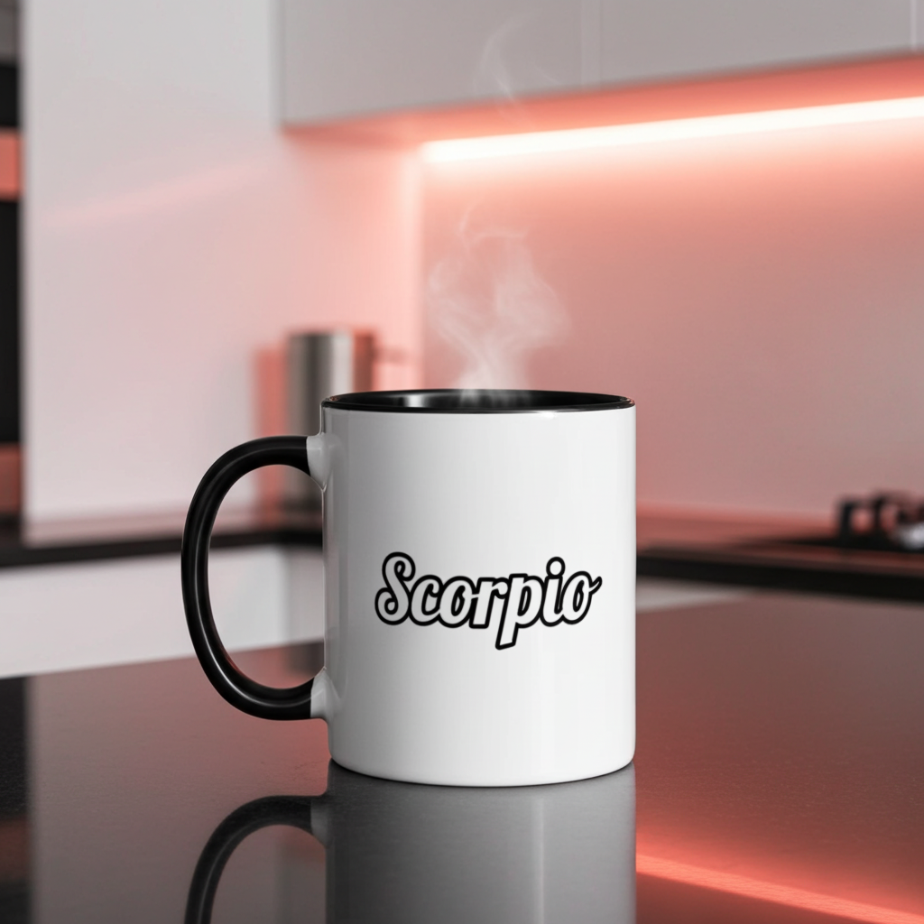 White mug with black handle and 'Scorpio' text on a reflective surface with a blurred background
