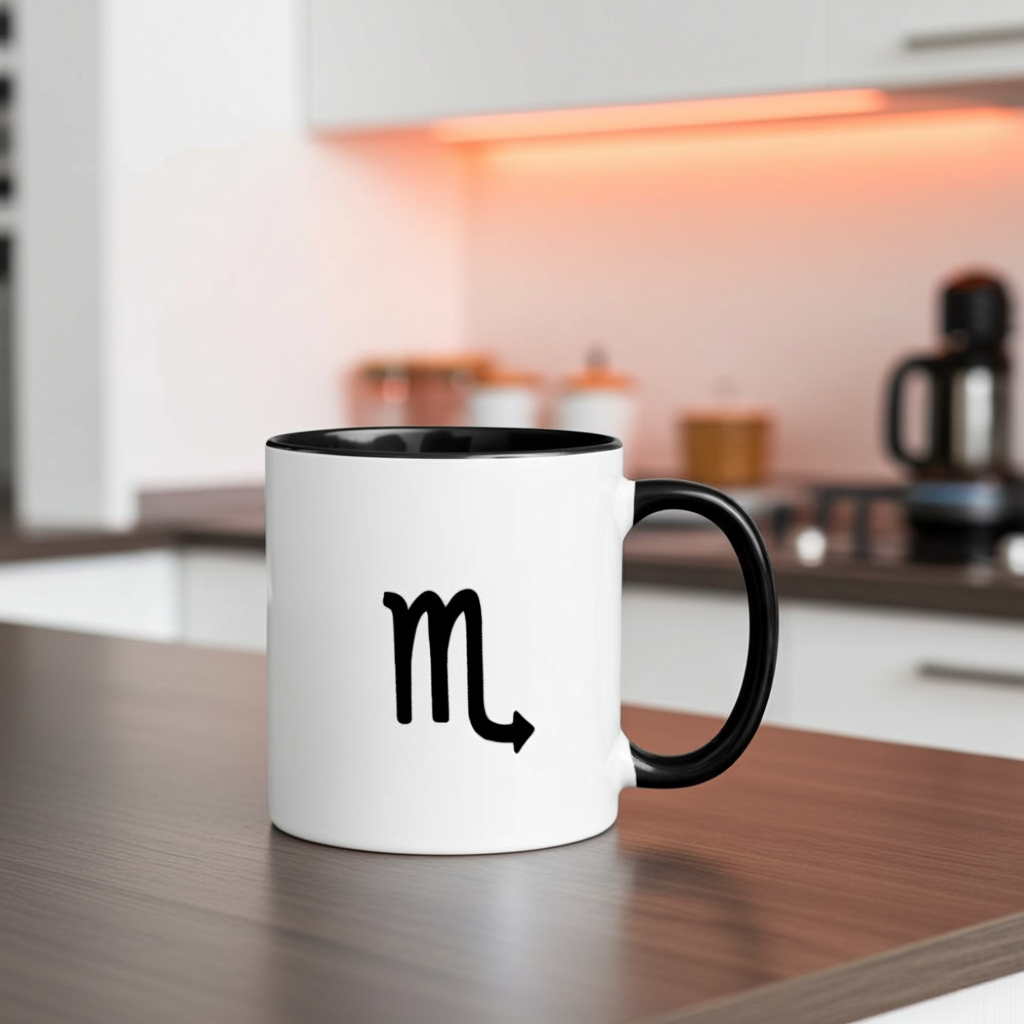 White mug with black handle and Scorpio symbol on a kitchen counter