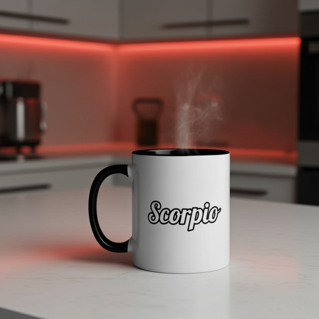 White mug with black handle and 'Scorpio' text on a kitchen counter