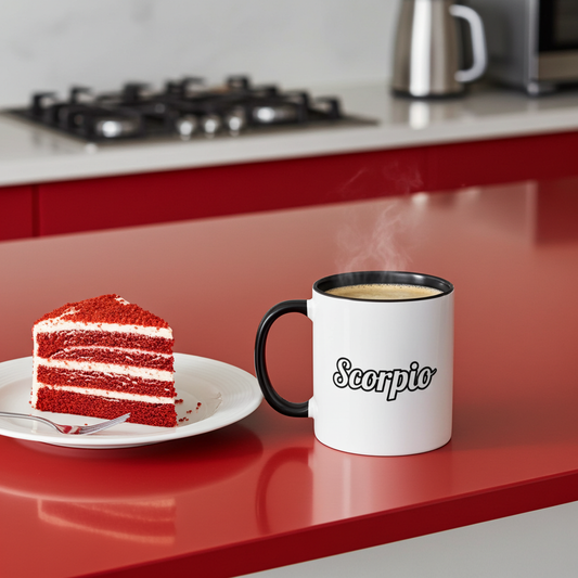 Slice of red velvet cake and a mug with 'Scorpio' on a red kitchen counter.