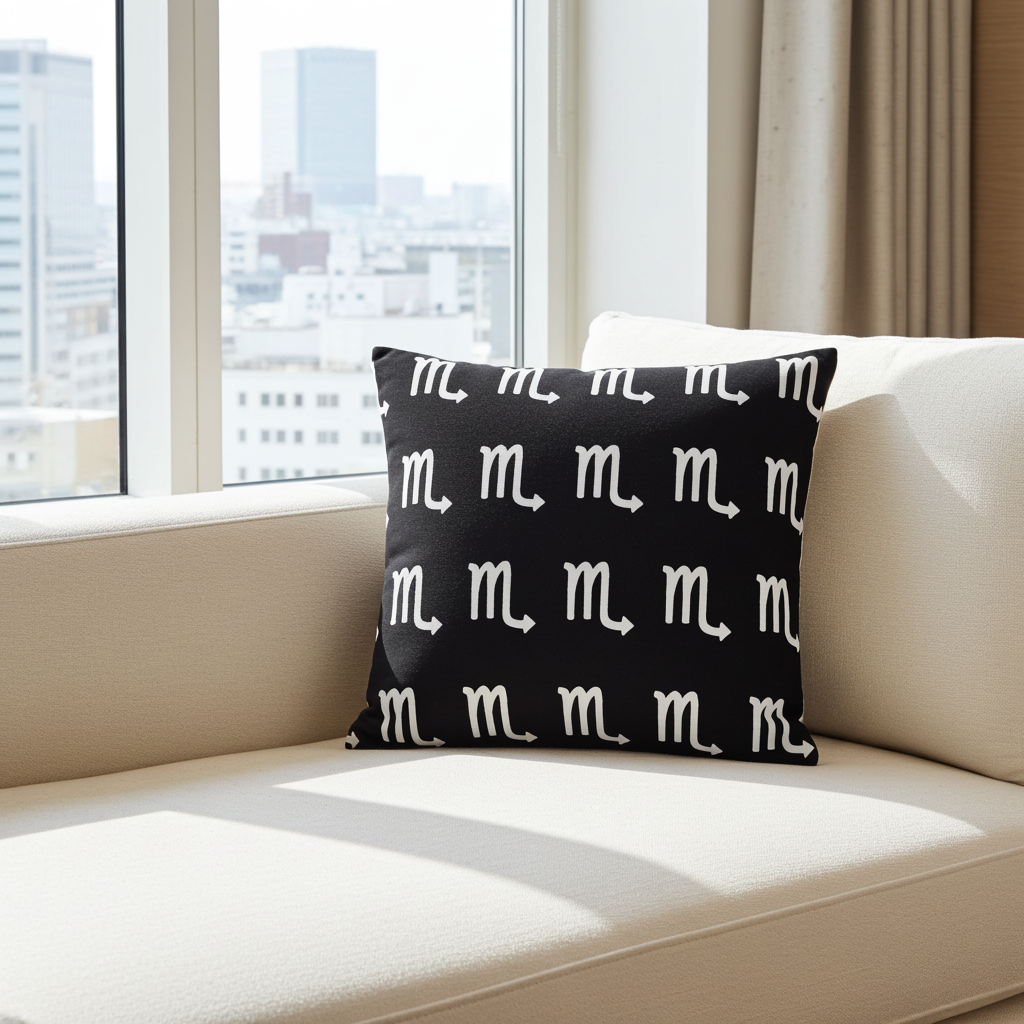 Black pillow with white Scorpio pattern on a beige sofa by a window with city view