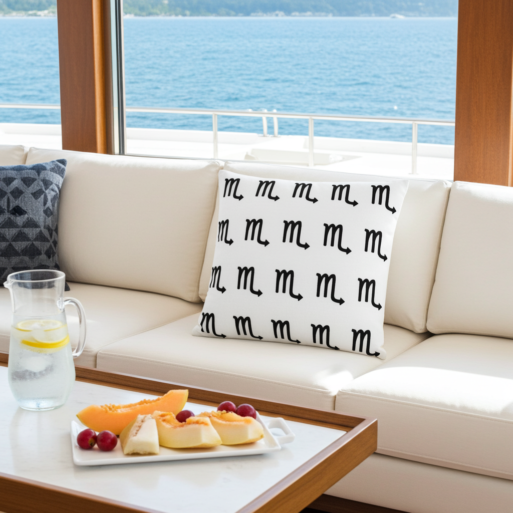 decorative Scorpio pillow on a luxury yacht set against a scenic ocean backdrop.