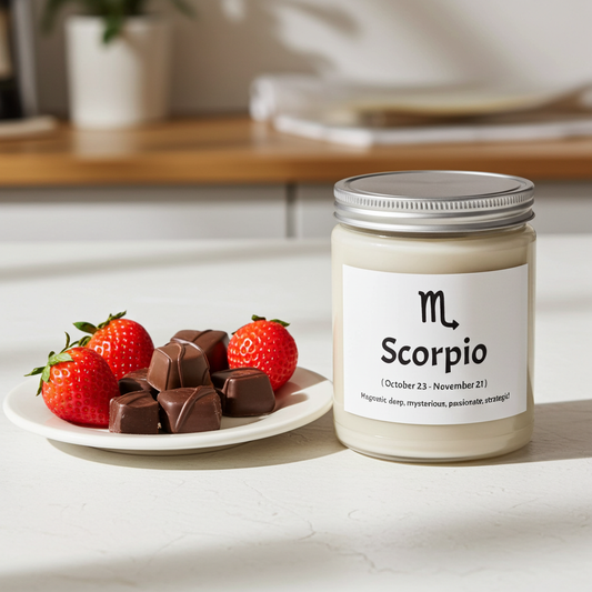 Candle labeled 'Scorpio' with strawberries and chocolate on a plate.