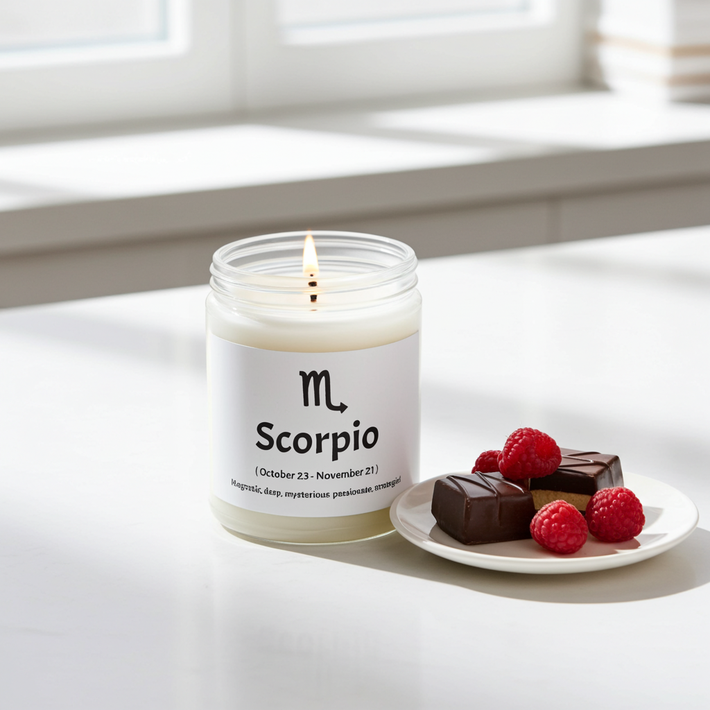 Scorpio-themed candle on a table with chocolates and raspberries