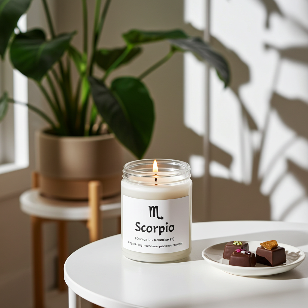 Candle labeled 'Scorpio' on a table with a plant and dessert in the background