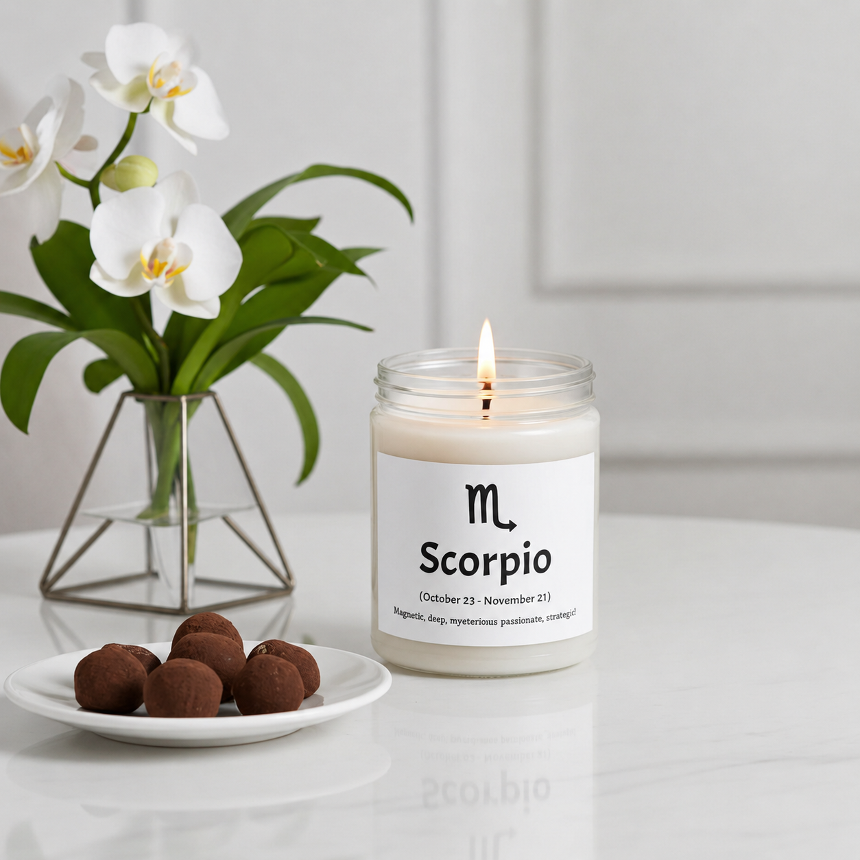 Candle labeled 'Scorpio' with a plate of truffles and flowers in the background