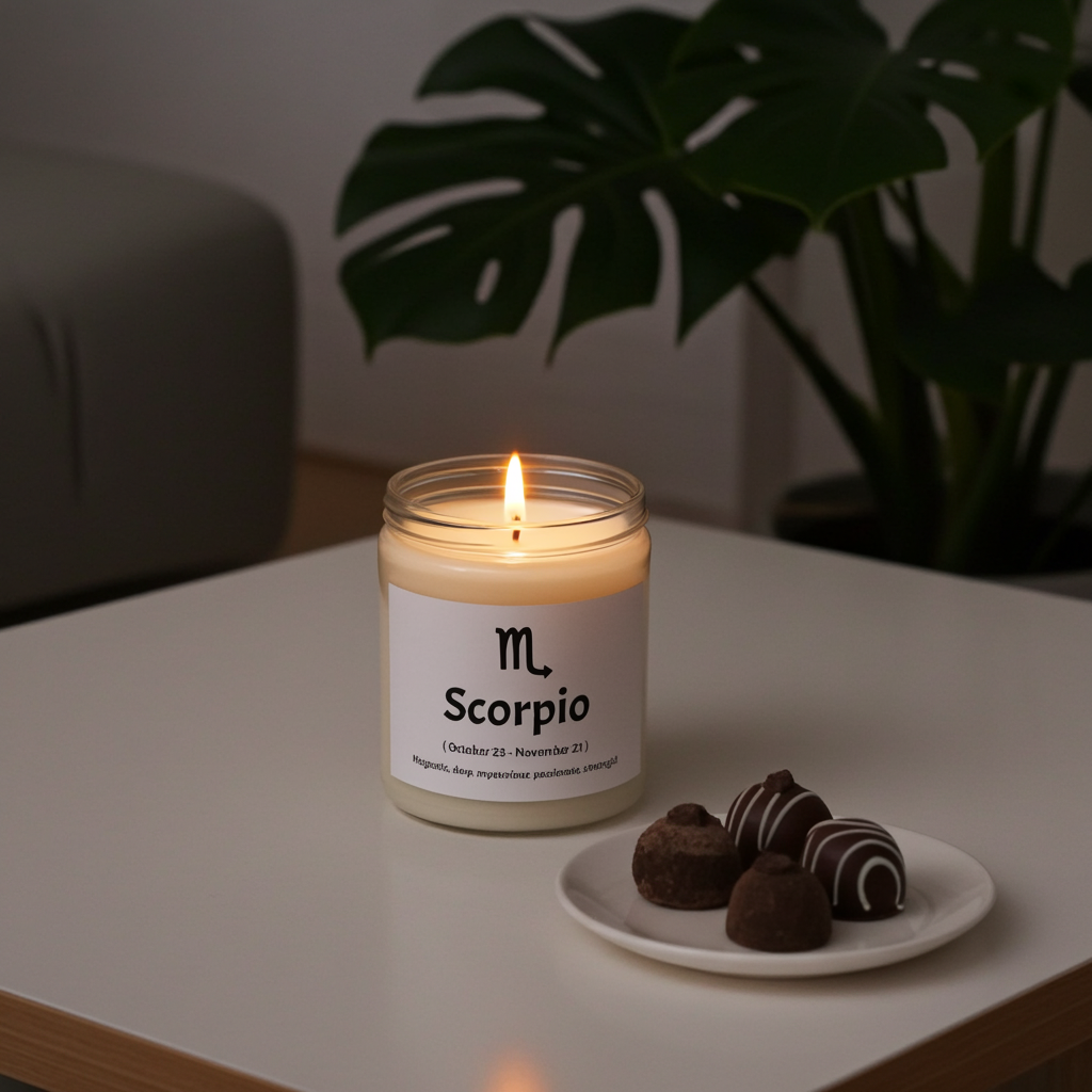 Candle labeled 'Scorpio' with truffles on a table next to a plant
