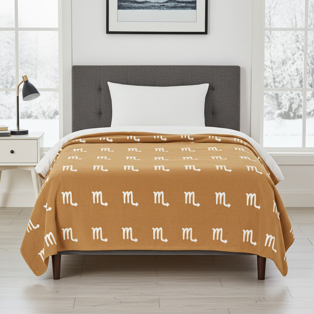 Bed with brown blanket featuring white Scorpio pattern in a bright bedroom setting.