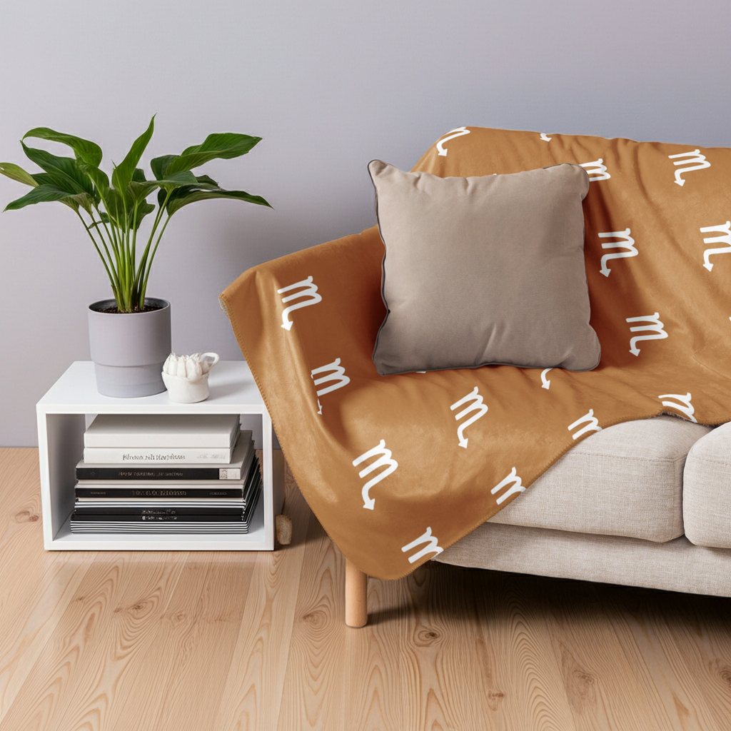 Couch with a brown blanket featuring white Scorpio patterns, a gray pillow, and a plant on a small white table.