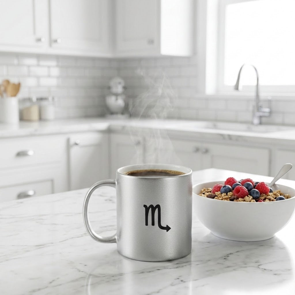 A silver ceramic mug with a black Scorpio zodiac symbol printed on the side, filled with coffee and shown on a white marble kitchen counter next to a bowl of cereal with blueberries.