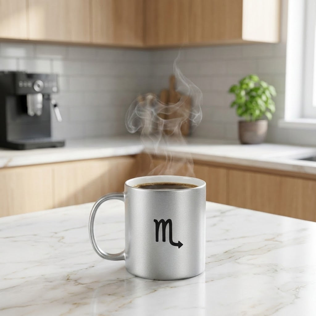 A silver ceramic coffee mug with a black Scorpio zodiac symbol printed on the front, sitting on a white marble kitchen counter with steam rising from the coffee inside.