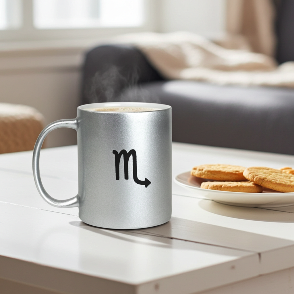 Silver mug with a zodiac symbol on a table with cookies in the background