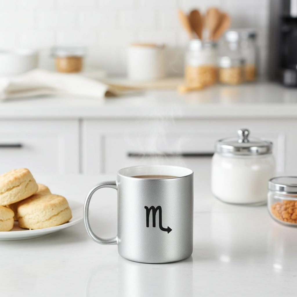 Silver mug with a Scorpio symbol on a kitchen counter with biscuits and milk.