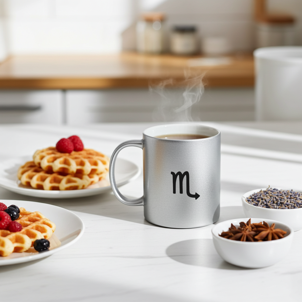 Silver mug with a Scorpio symbol on a kitchen counter with waffles and berries.