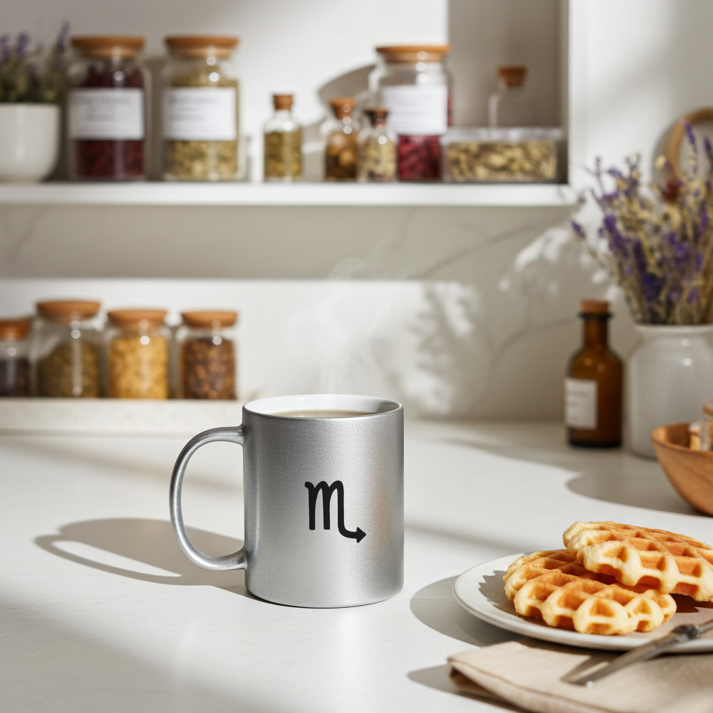 Silver mug with a Scorpio symbol on a kitchen counter with waffles and jars in the background