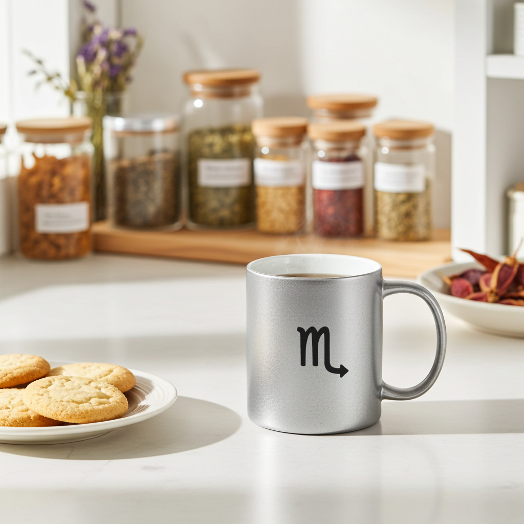 Silver mug with a Scorpio symbol on a kitchen counter with cookies and spices.