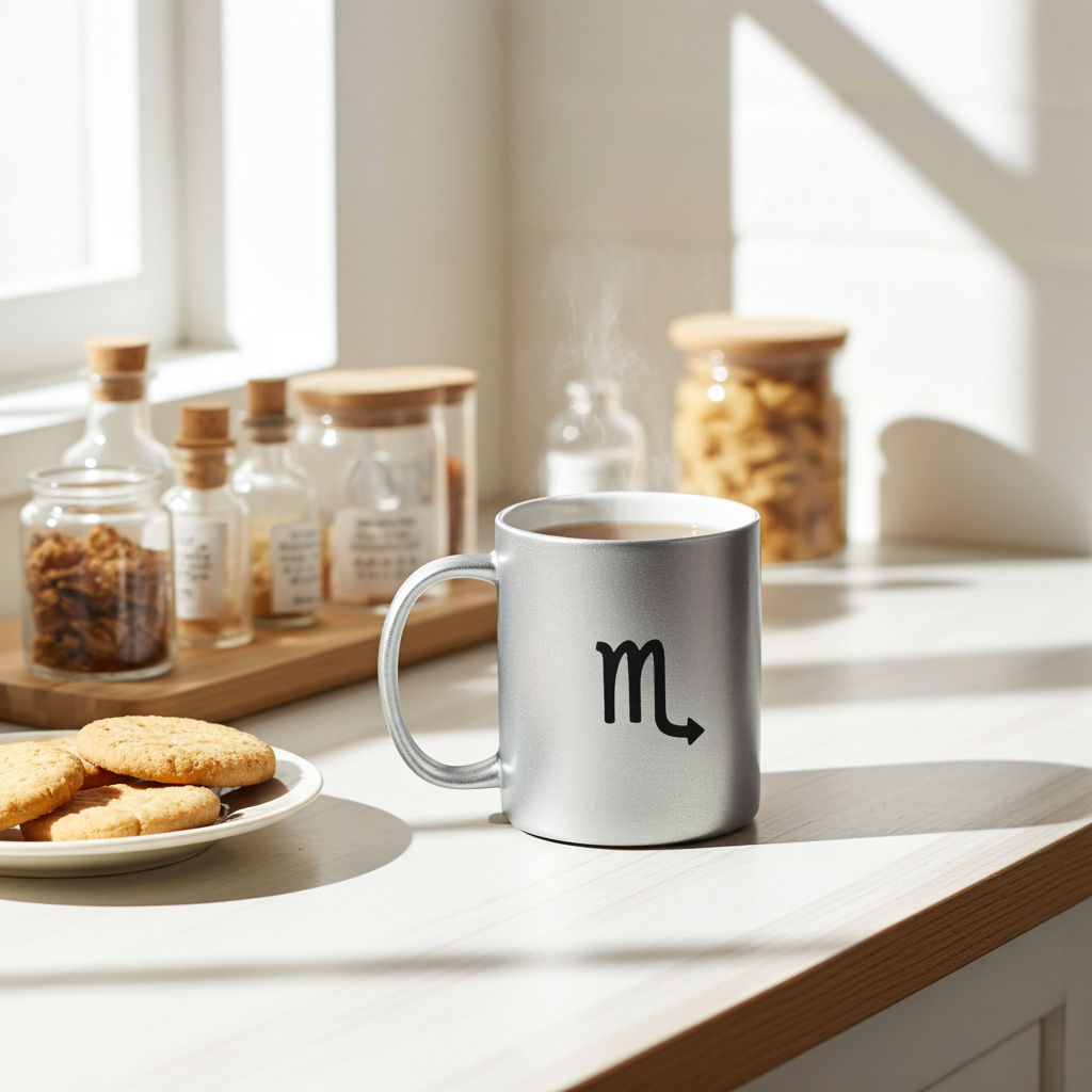 Silver mug with a Scorpio symbol on a kitchen counter with cookies and spices.