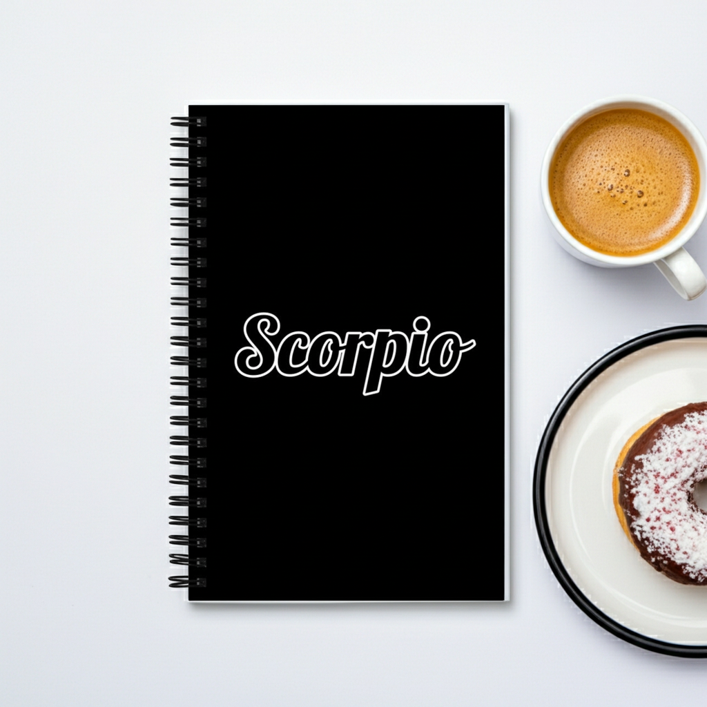 A black spiral notebook with the word 'Scorpio' in white script on the cover, styled on a white surface next to a cup of coffee and a donut.