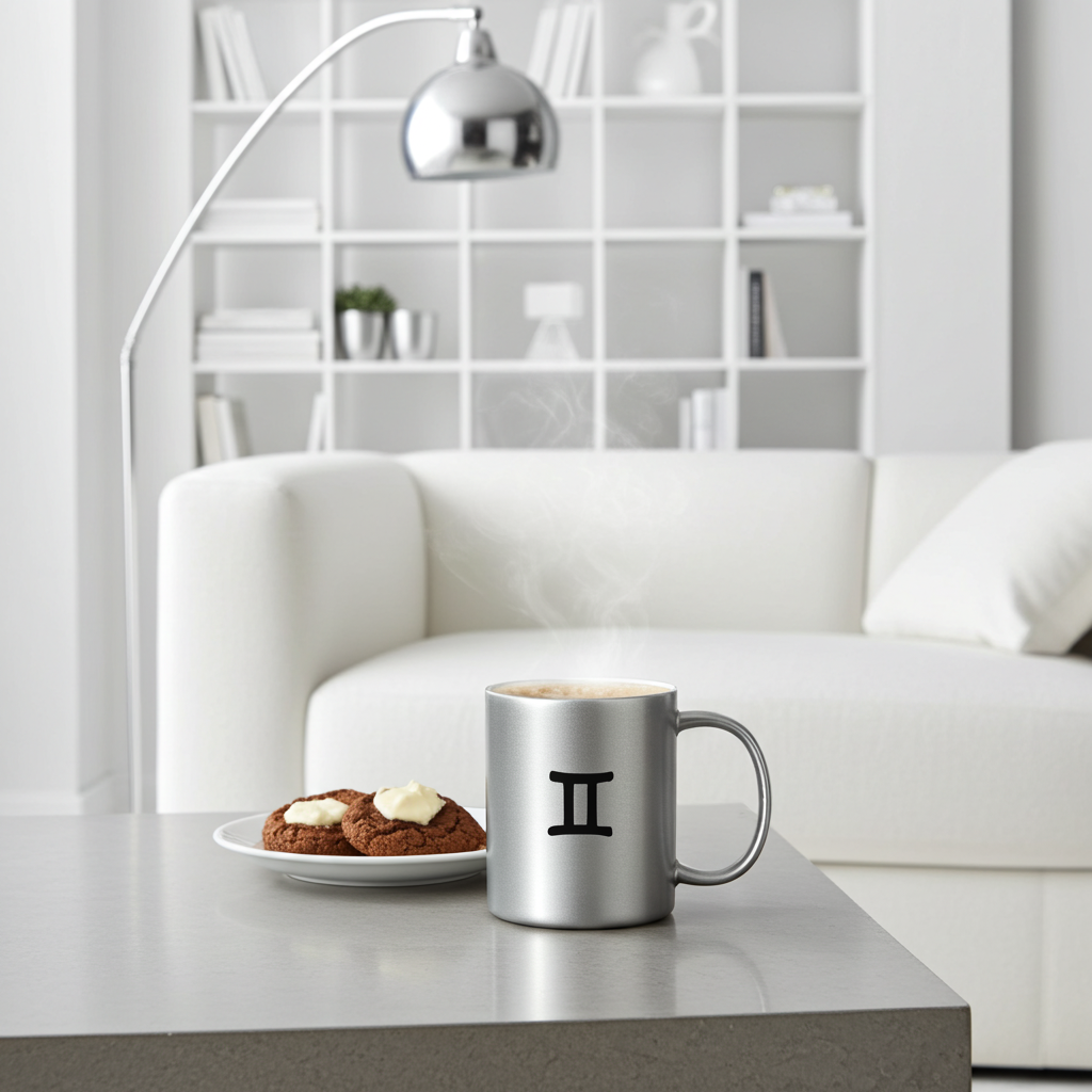 Silver mug with a black Gemini symbol on a table in a modern living room.
