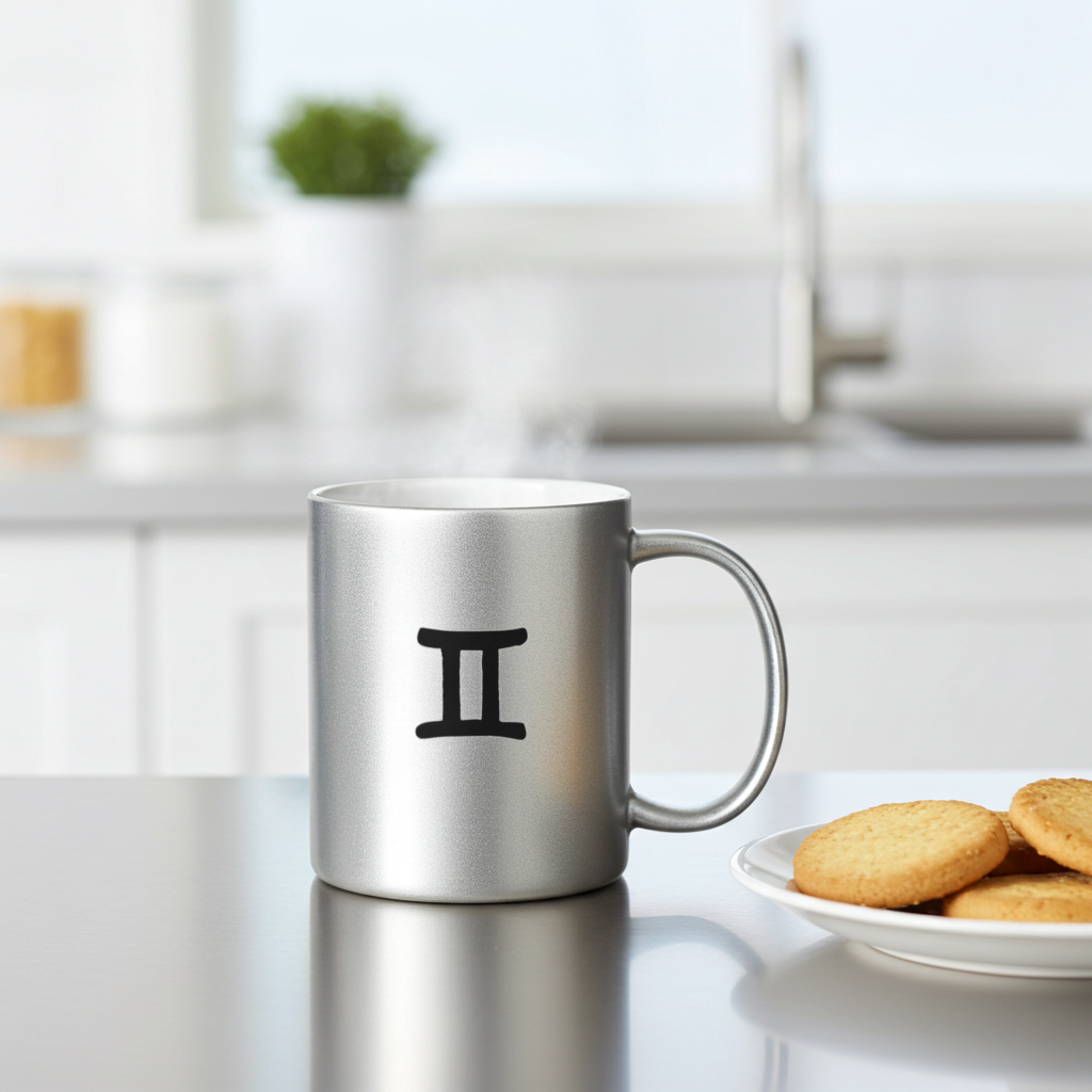 Silver mug with a zodiac symbol on a kitchen counter with cookies
