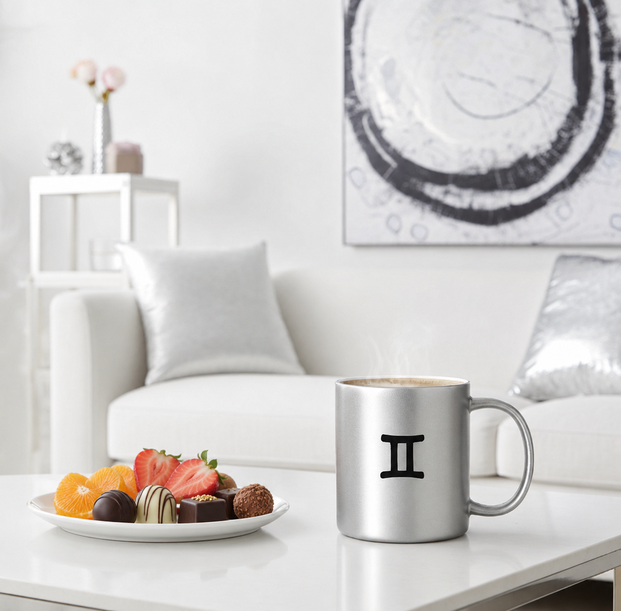 Silver mug with a black Gemini symbol on a table in a modern living room.