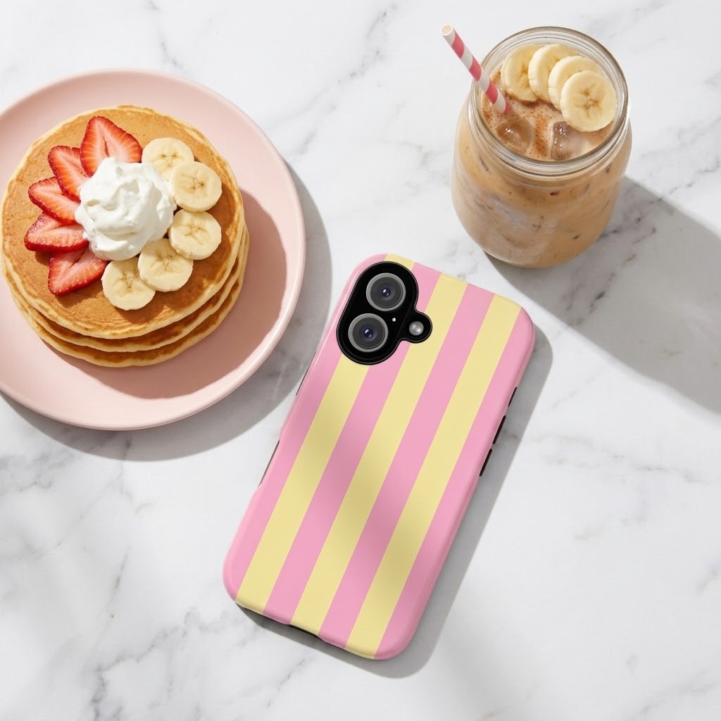 A pink and yellow vertically striped phone case is displayed on a white marble surface, styled with a plate of pancakes and a mason jar iced coffee in the background.