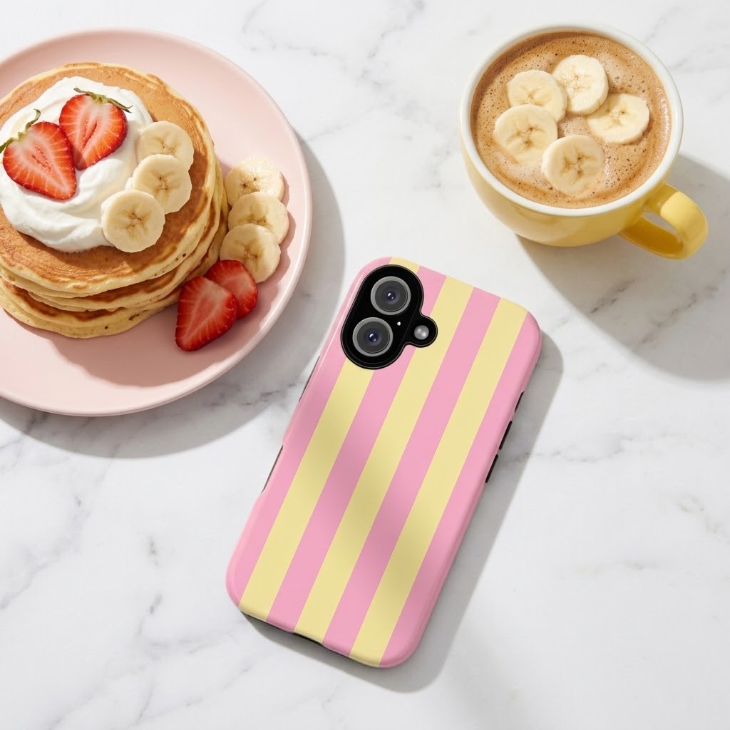 A pink and yellow vertically striped phone case with a camera cutout, displayed on a white marble surface next to a plate of pancakes and a cup of coffee with banana slices.