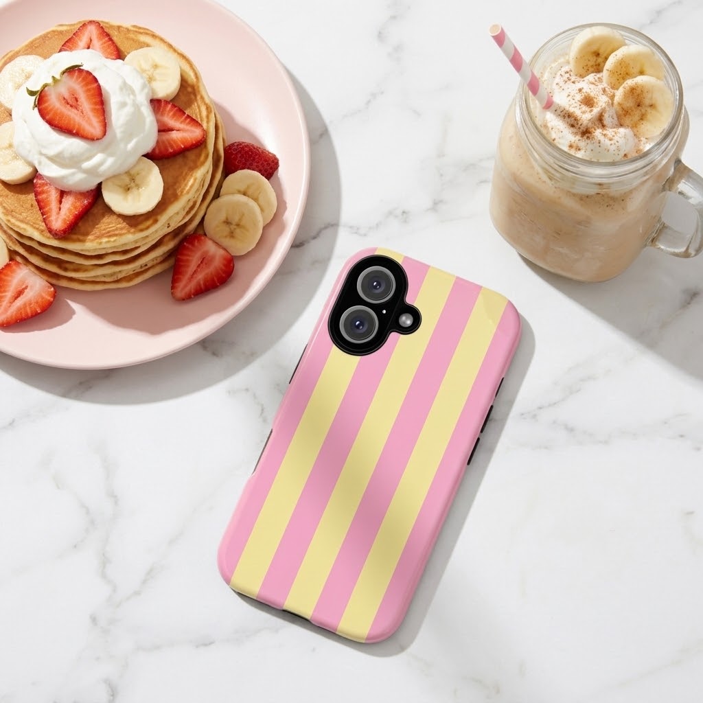 A pink and yellow vertically striped phone case with a camera cutout, displayed on a white marble surface next to a plate of pancakes and a mason jar iced coffee.