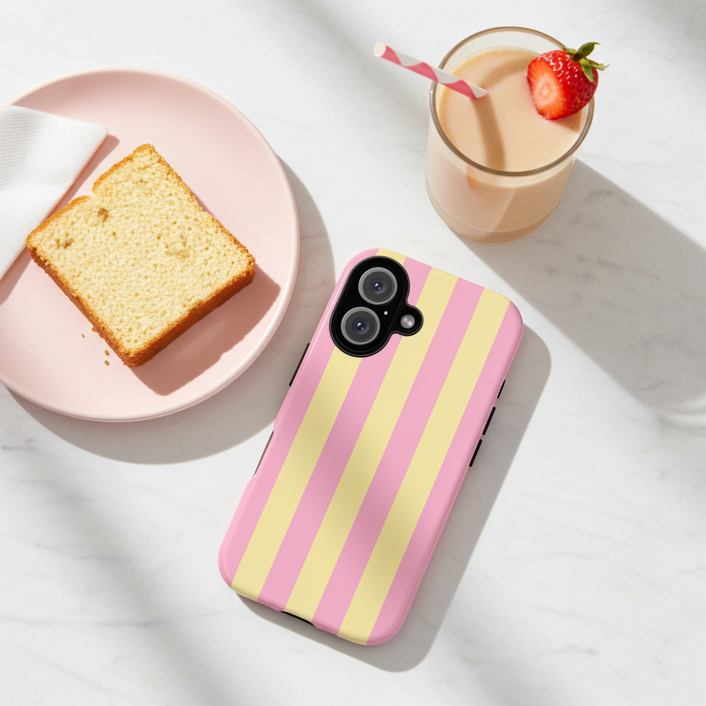 A pink and pale yellow striped phone case with a black camera cutout, styled on a white marble surface next to a slice of cake on a pink plate and a drink with a strawberry.