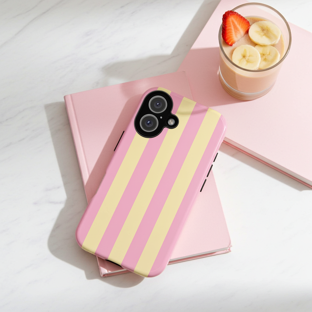 A pink and pale yellow striped phone case with a camera cutout, resting on a pink notebook next to a glass of smoothie on a white marble surface.