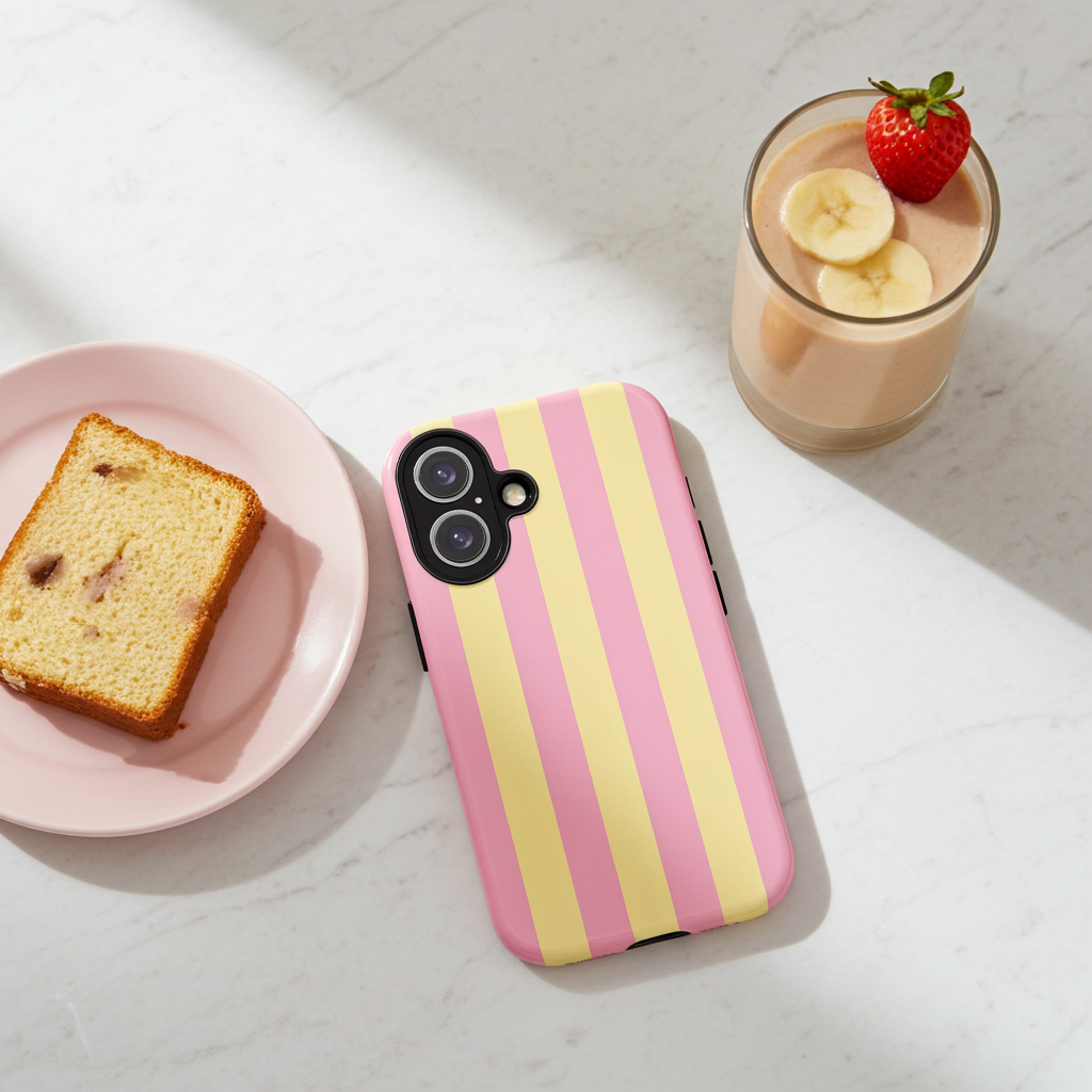 A phone case with vertical pink and pale yellow stripes is shown on a light marble surface, styled with a slice of cake on a pink plate and a glass of milk with banana slices and a strawberry.