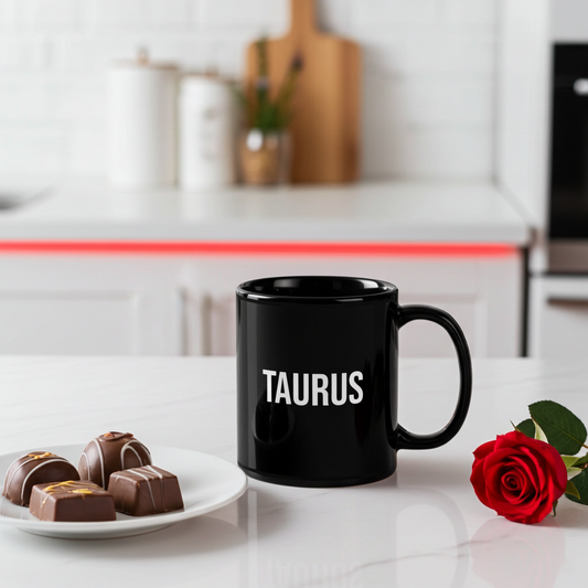 Black mug with 'TAURUS' on a kitchen counter with chocolates and a rose.