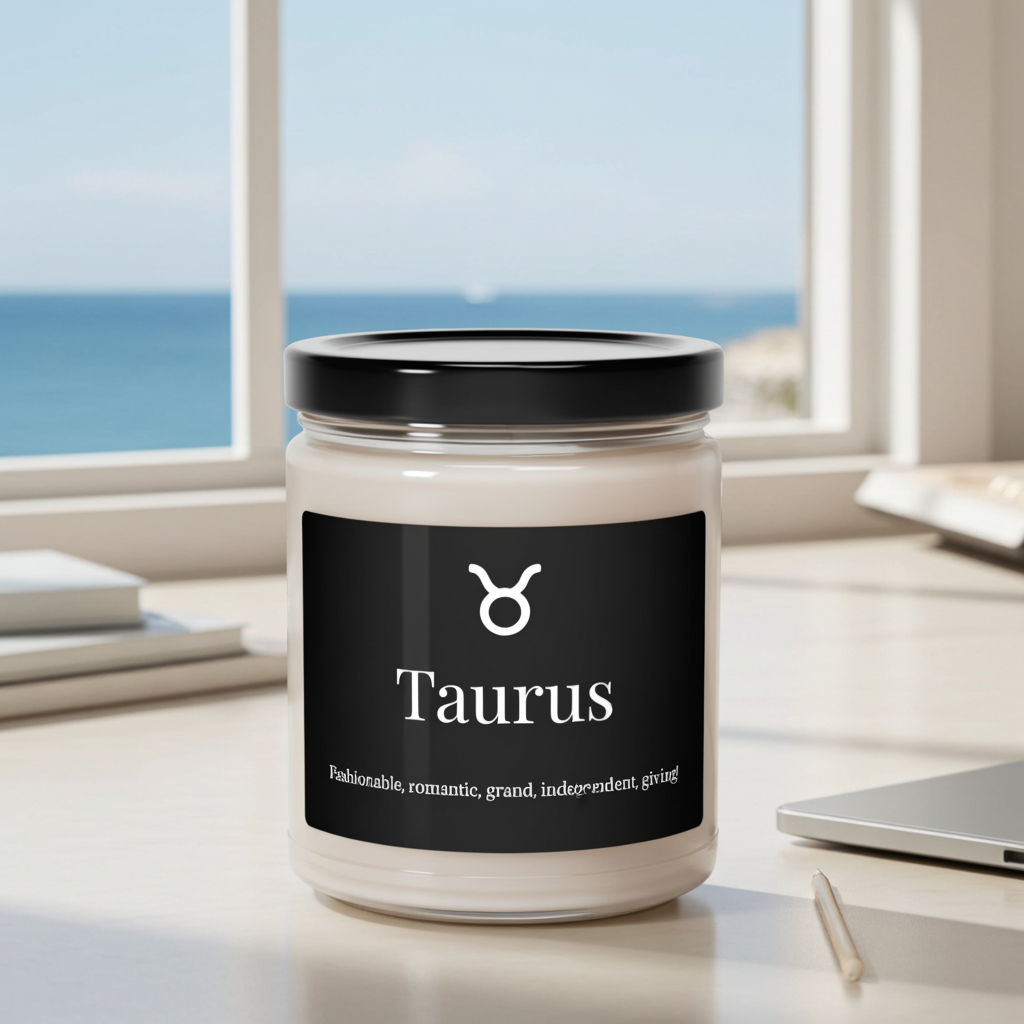 Candle jar with Taurus label on a surface with a window view of the ocean.
