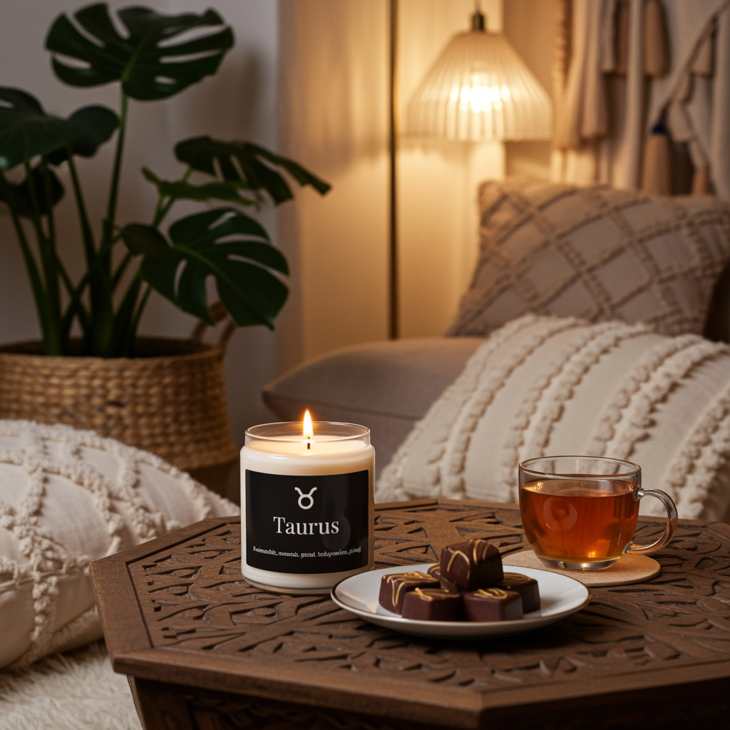 Candle labeled 'Taurus' with a cup of tea and cookies on a wooden table in a cozy living room.