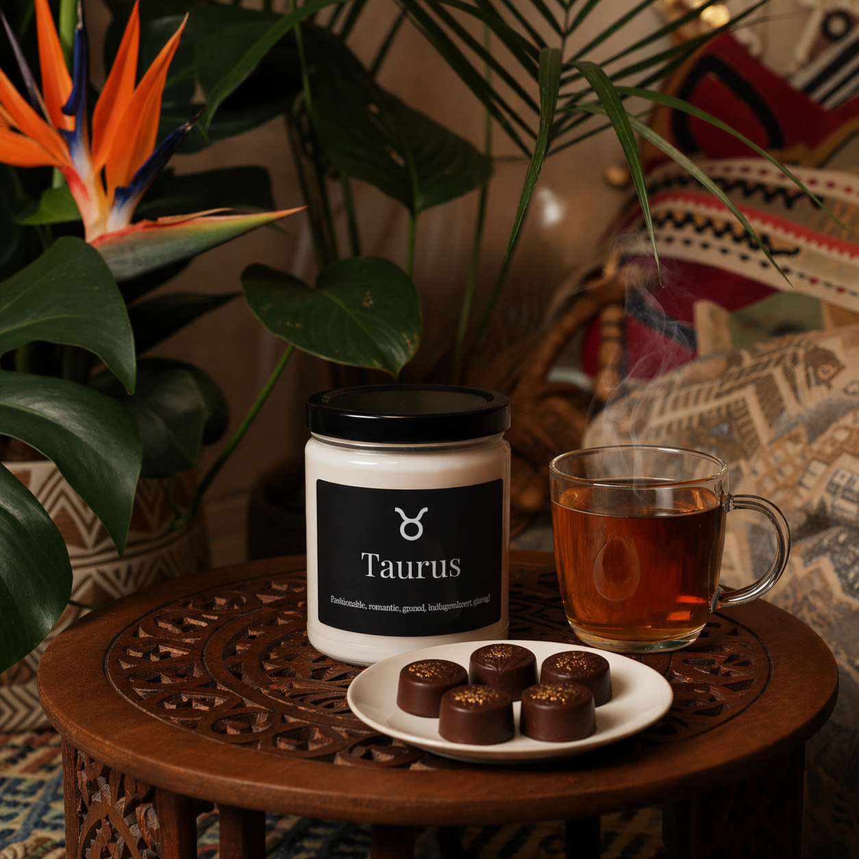Candle labeled 'Taurus' with a cup of tea and chocolates on a wooden table.