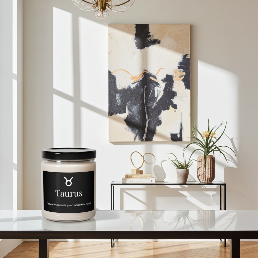 Candle labeled 'Taurus' on a table with abstract art in the background