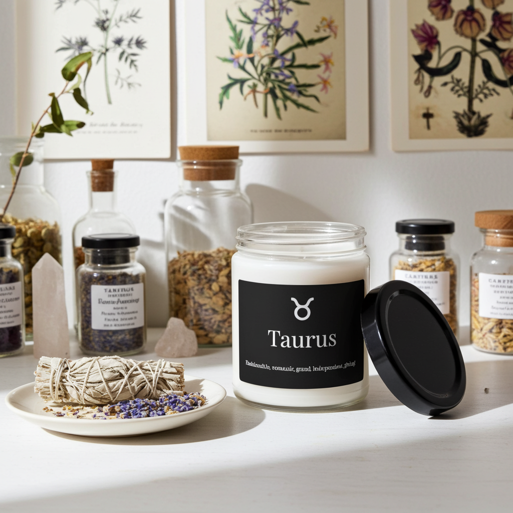 Candle labeled 'Taurus' on a table with herbs and jars in the background