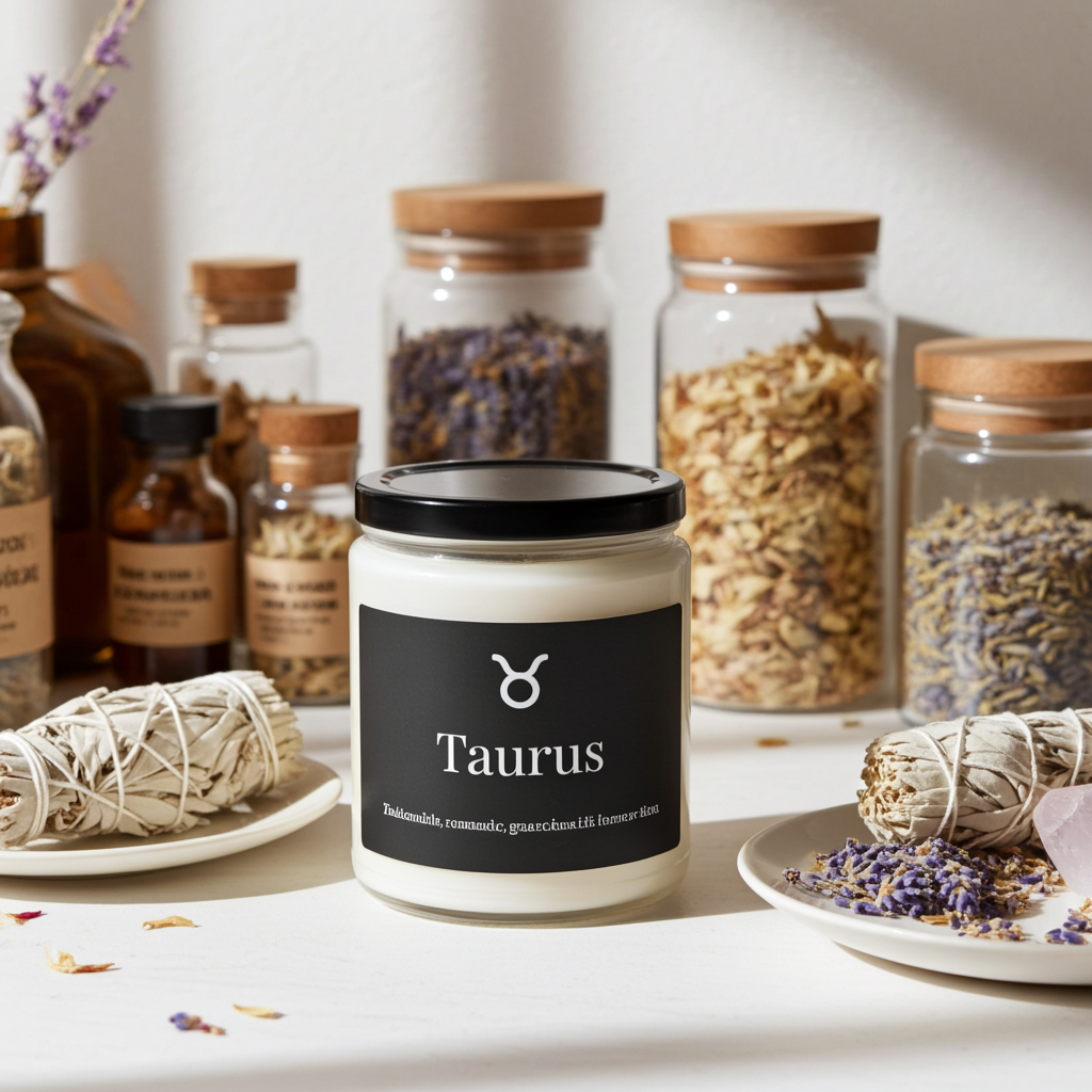 Candle labeled 'Taurus' surrounded by jars of herbs and smudge sticks on a white surface