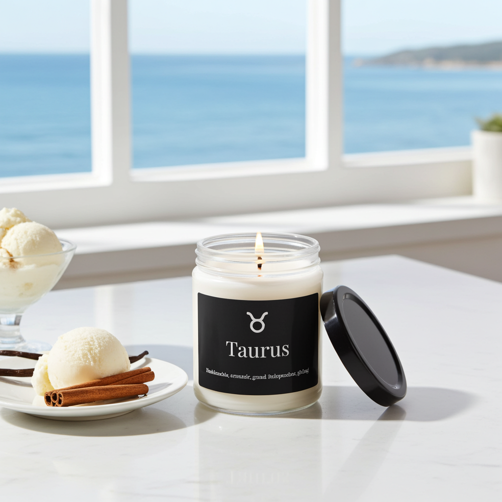 Candle labeled 'Taurus' on a table with a scenic view of water through windows.