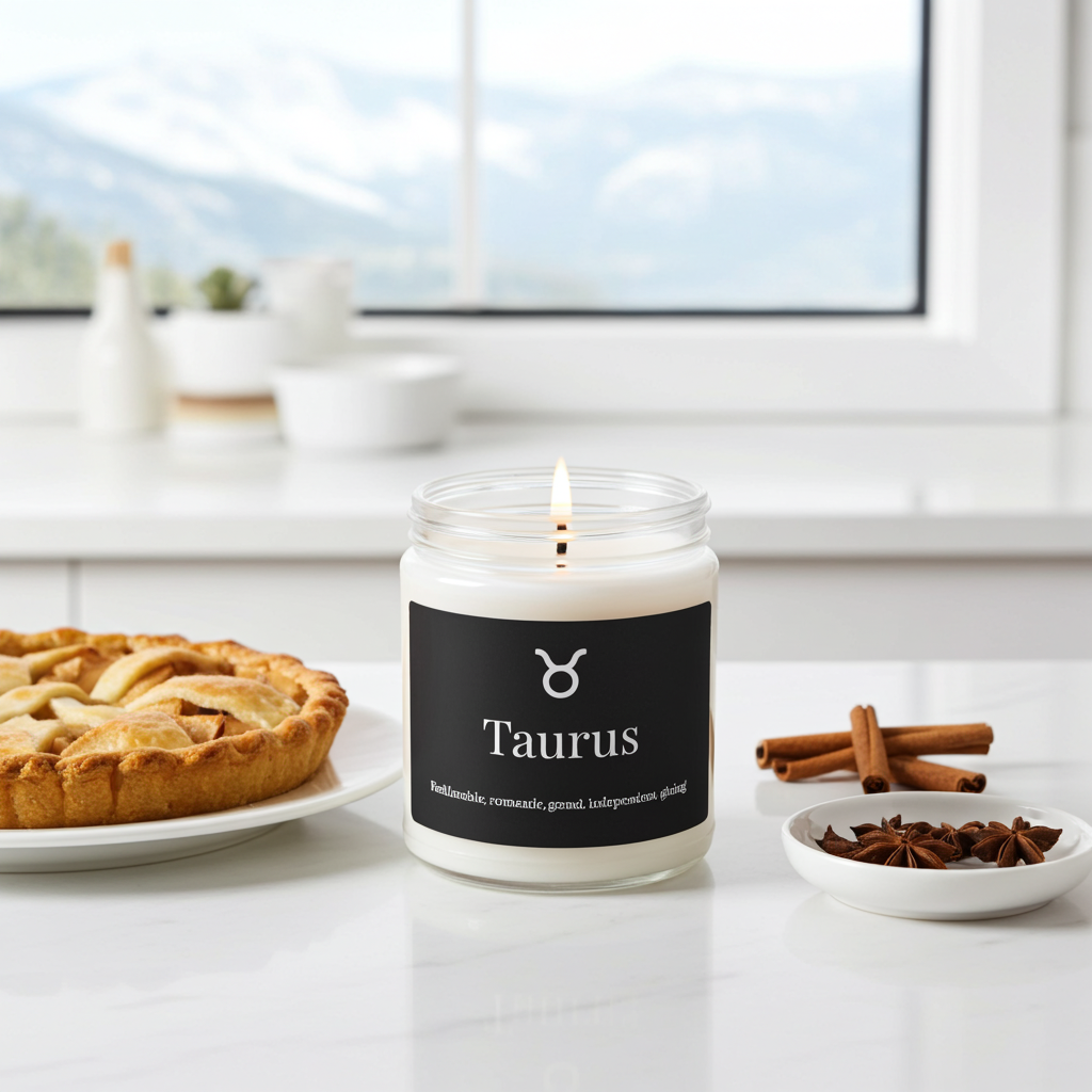 Candle labeled 'Taurus' on a table with an apple pie and cinnamon sticks.