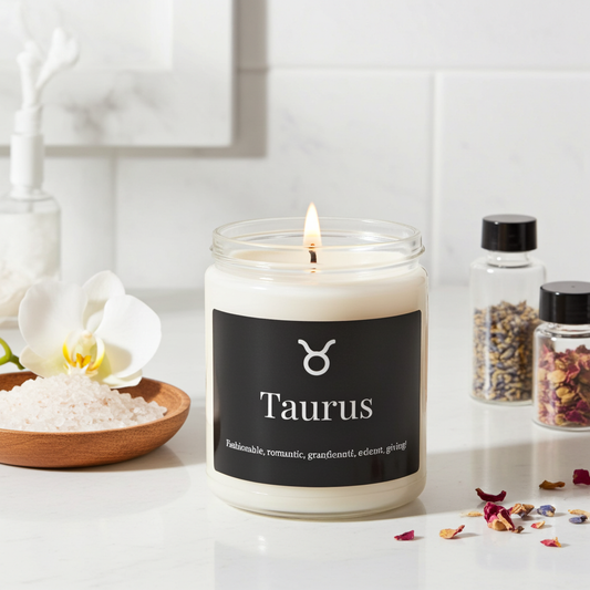 Candle labeled 'Taurus' on a table with decorative items
