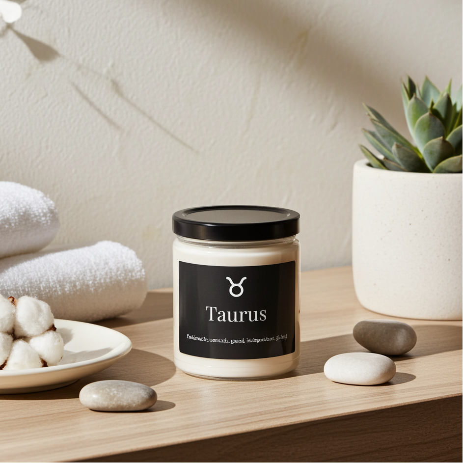 Candle labeled 'Taurus' on a wooden surface with cotton, stones, and a plant.