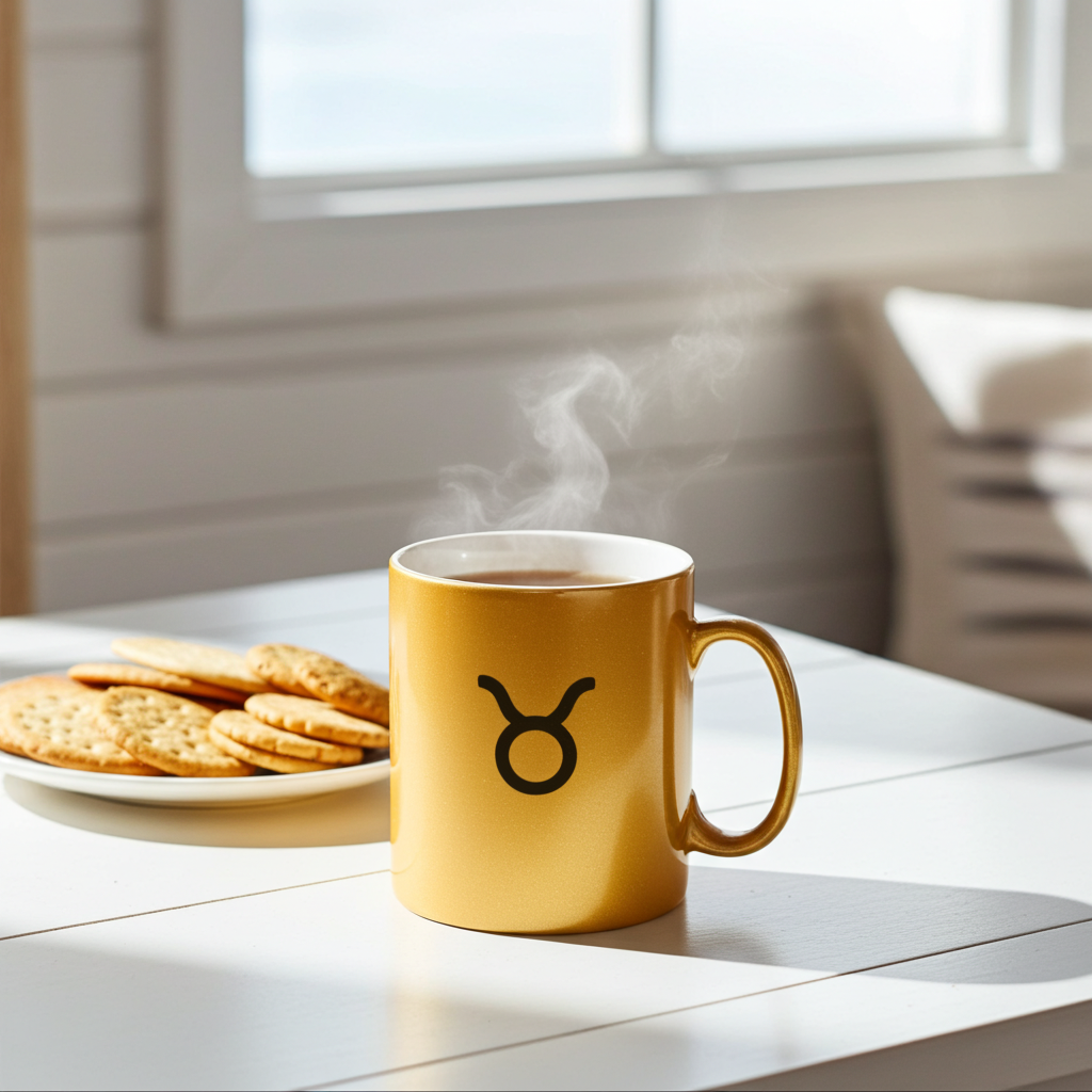 Gold mug with a black symbol on a white surface next to cookies, with a blurred background