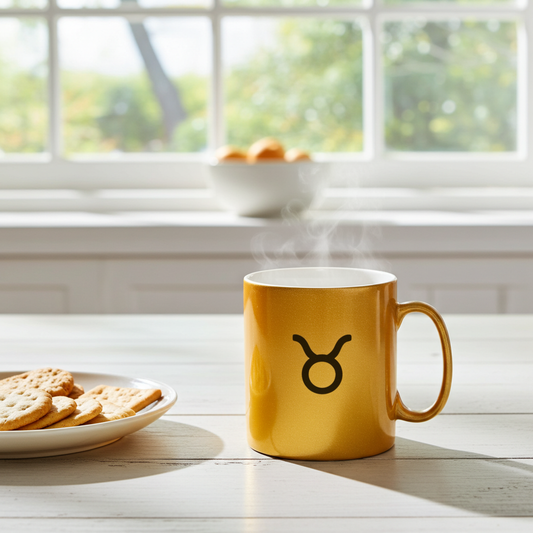 Gold mug with a black symbol on a white surface, with a plate of cookies and a bowl of fruit in the background.