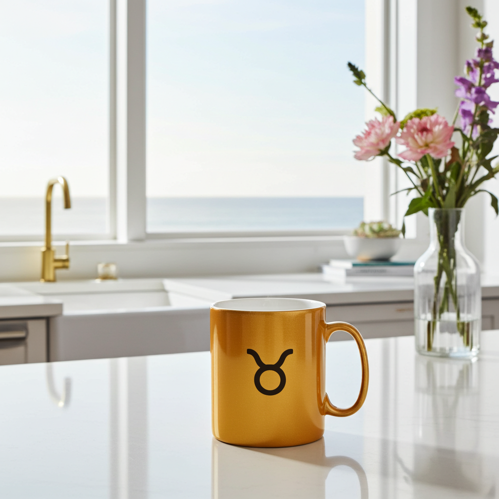 Gold Taurus Mug on a kitchen counter with flowers in the background